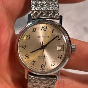 Vintage Benrus Silver Watch serviced automatic movement w date GERMAN MOVEMENT